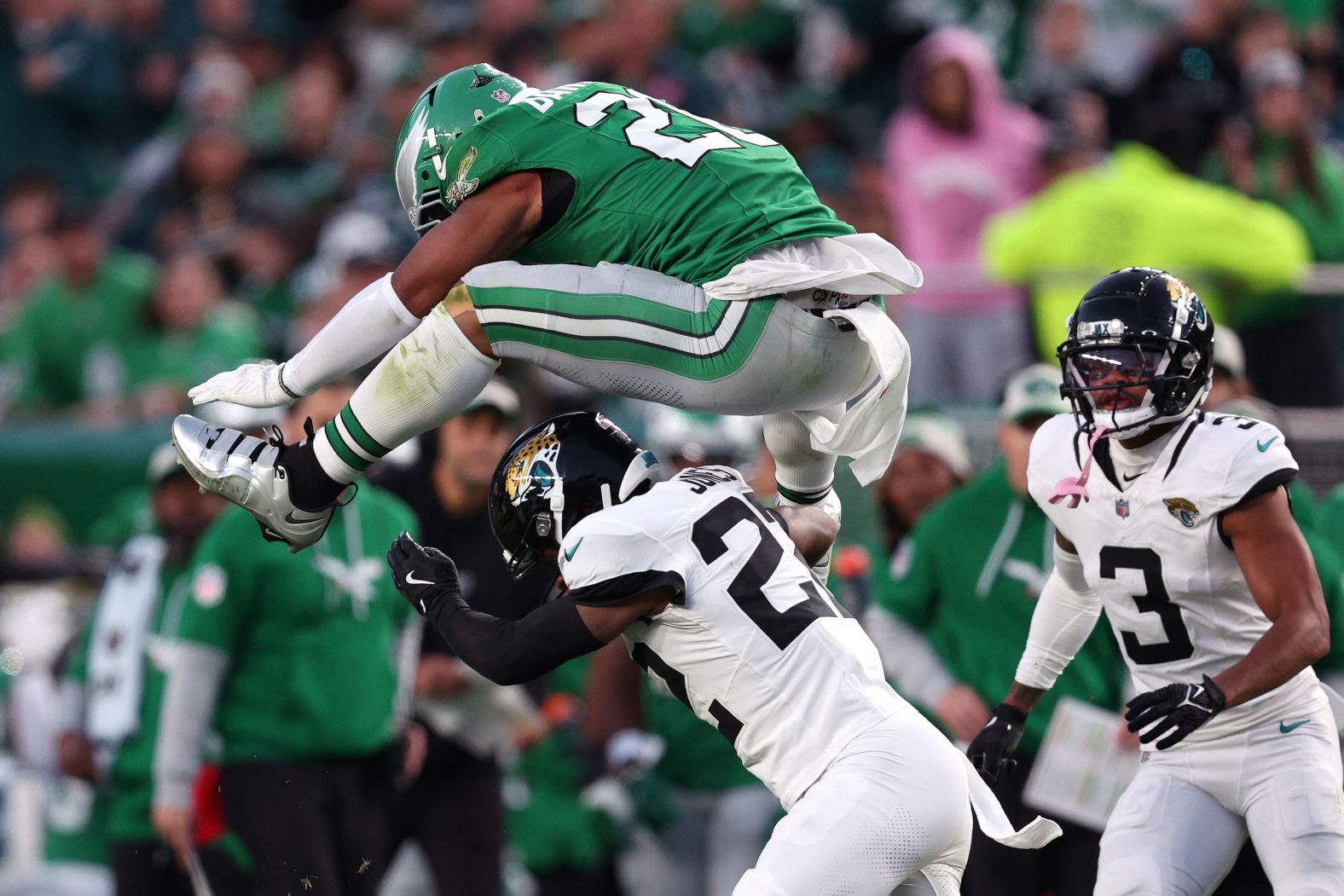 Philadelphia Eagles running back Saquon Barkley hurdles Jacksonville Jaguars cornerback Jarrian Jones in the second quarter of the Eagles' 28-23 victory in Philadelphia on November 3.