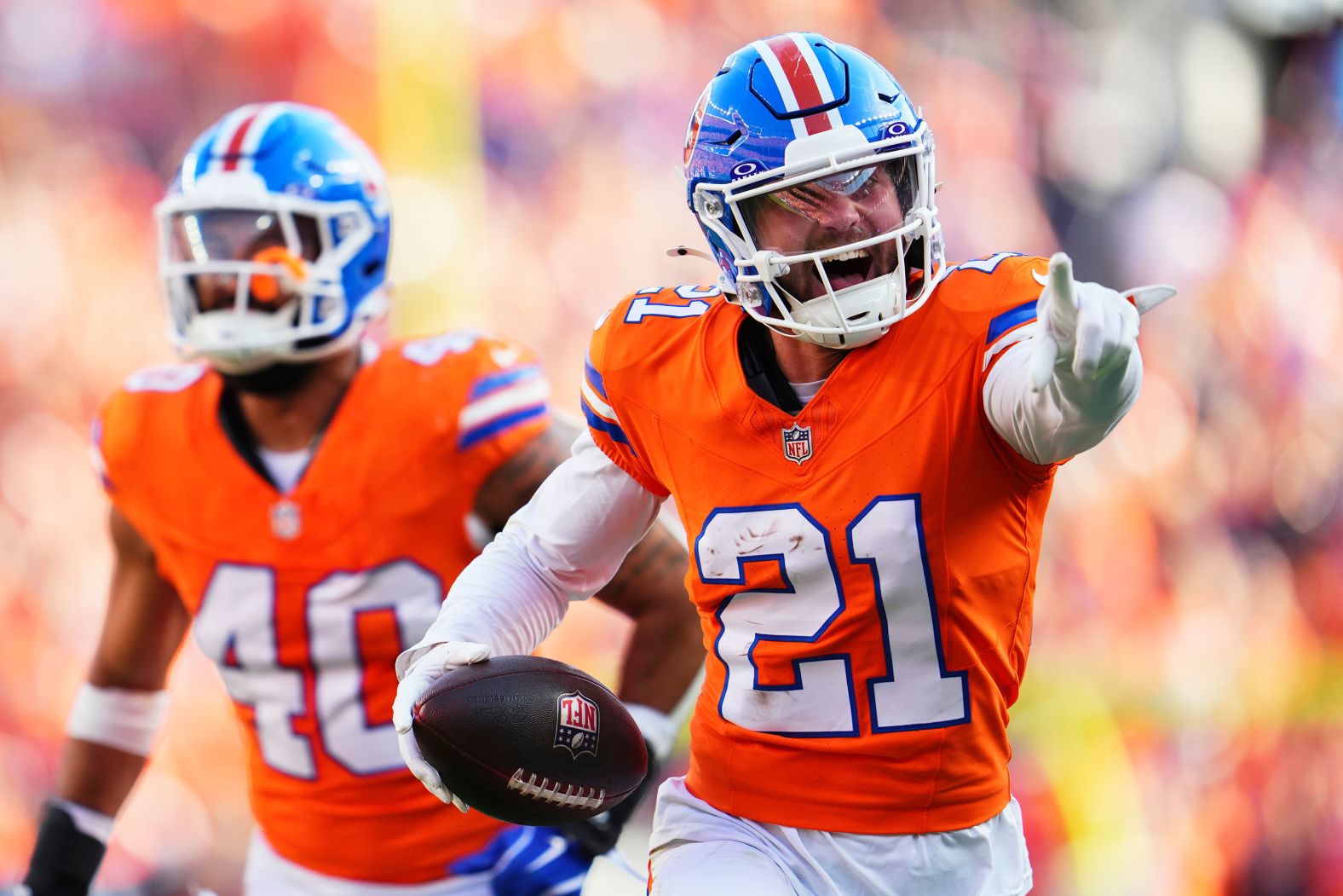 Denver Broncos cornerback Riley Moss celebrates after an interception in Denver on October 6. The Broncos beat the Las Vegas Raiders 34-18.