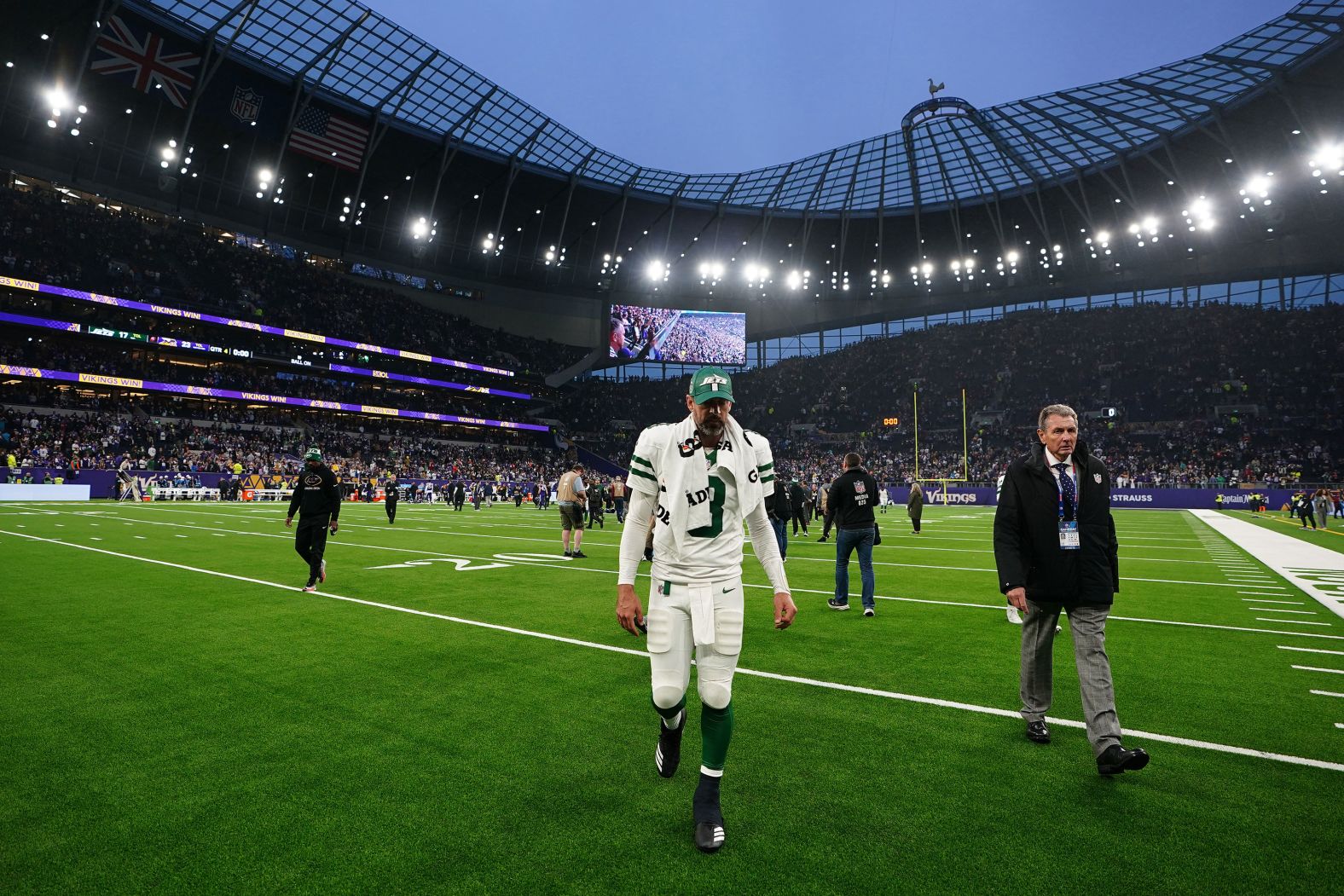 New York Jets quarterback Aaron Rodgers walks off the field after <a href="index.php?page=&url=https%3A%2F%2Fwww.cnn.com%2F2024%2F10%2F06%2Fsport%2Fminnesota-vikings-new-york-jets-london-nfl-darnold-spt-intl%2Findex.html">his team's loss to the Minnesota Vikings</a> in London on October 6. Rodgers was intercepted three times.