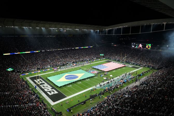 Brazilian and American flags are presented on the field at Neo Química Arena – also known as Corinthians Arena – in S?o Paulo ahead of the game between the Green Bay Packers and Philadelphia Eagles on Friday, September 6. <a >It was the first NFL game in South America</a>.