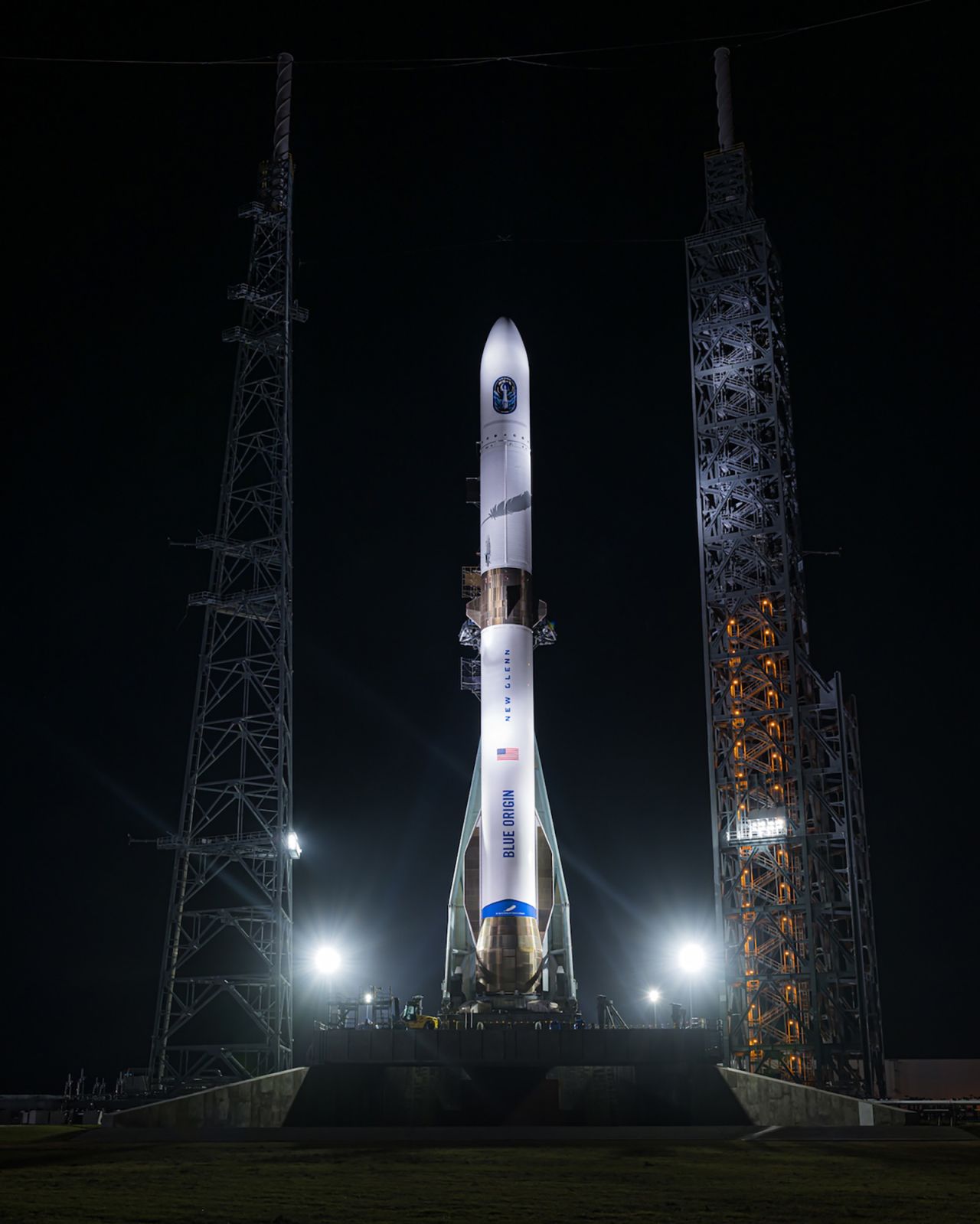 The New Glenn rocket at Kennedy Space Center in Cape Canaveral, Florida, on Friday ahead of its inaugural flight test.