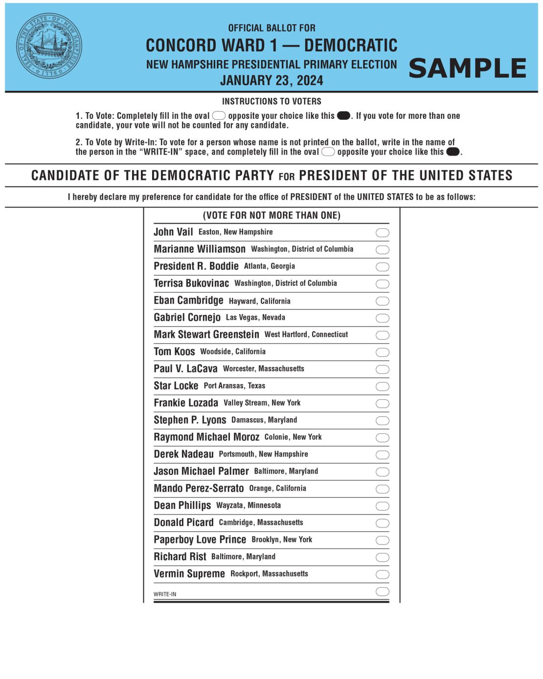 A sample Democratic ballot for Concord, New Hampshire's first ward.