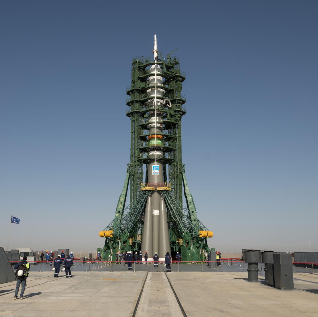 The Soyuz rocket is seen shortly after rolling out to the launchpad on March 18 at the Baikonur Cosmodrome in Kazakhstan.