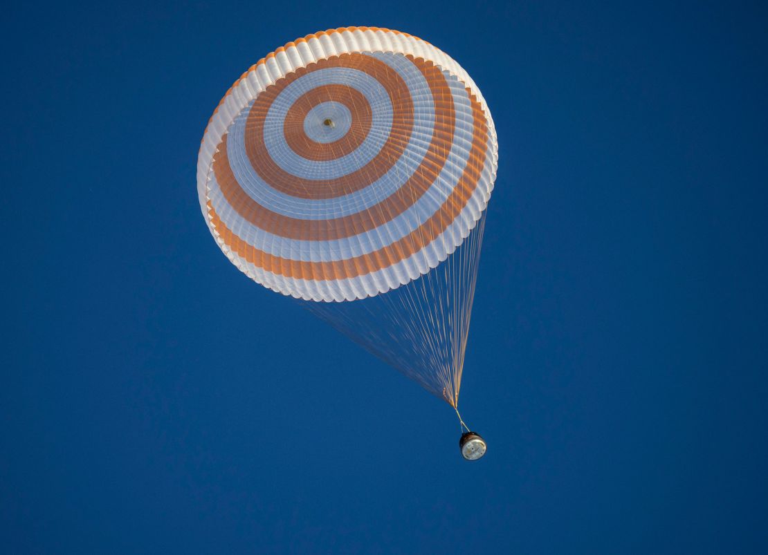 The Soyuz MS-26 spacecraft is seen as it lands near Zhezkazgan, Kazakhstan, with NASA astronaut Don Pettit and Roscosmos cosmonauts Alexey Ovchinin and Ivan Vagner aboard, on Saturday.