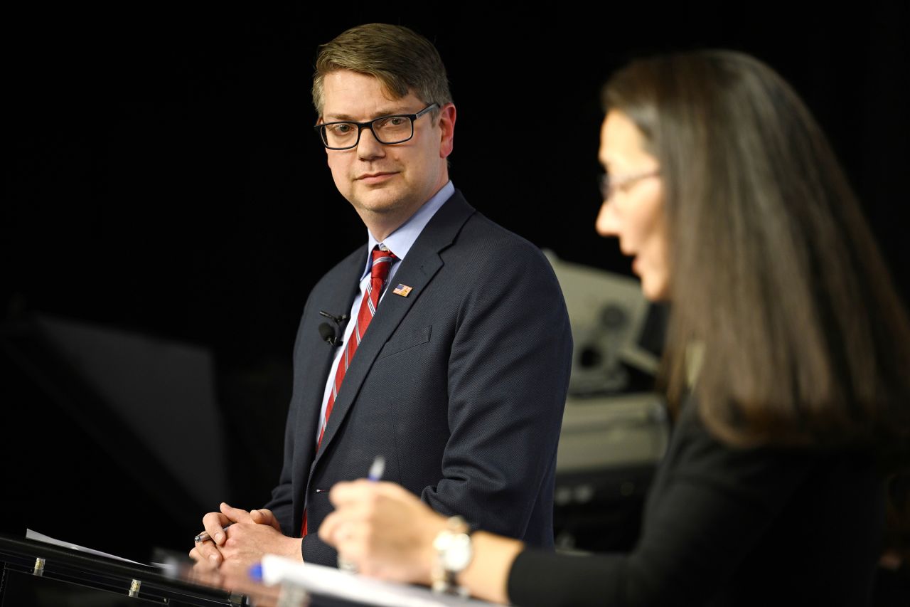 Nick Begich listens to a question by incumbent Democratic Rep. Mary Peltola during the Debate for the State at Alaska Public Media on Thursday, October 10.