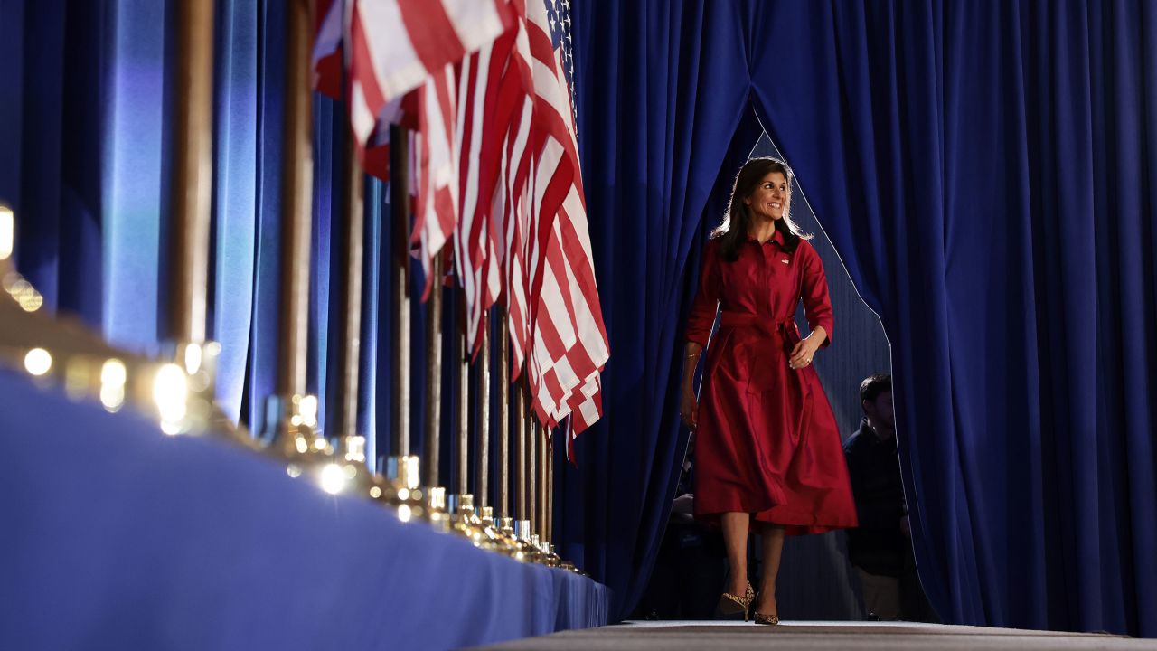 Nikki Haley walks on stage at her caucus night event on January 15, 2024 in West Des Moines, Iowa.