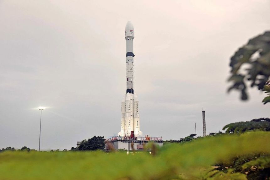 The NISAR satellite stands on the launchpad at the Satish Dhawan Space Centre on India’s southeastern coast.