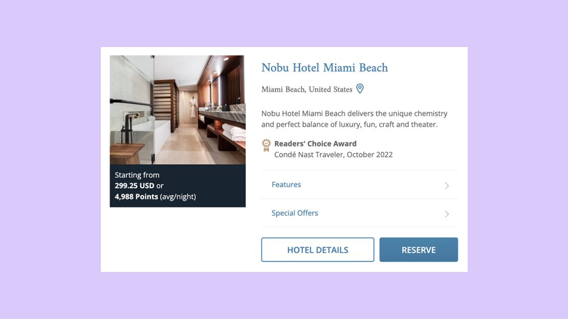 A screenshot of an award stay at the Nobu Hotel Miami Beach on the Leading Hotels of The World website