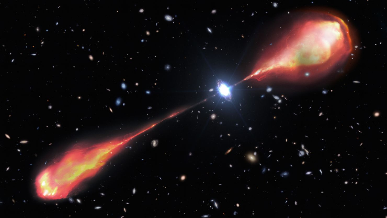 An artist’s illustration shows the largest radio jet ever found in the distant universe.