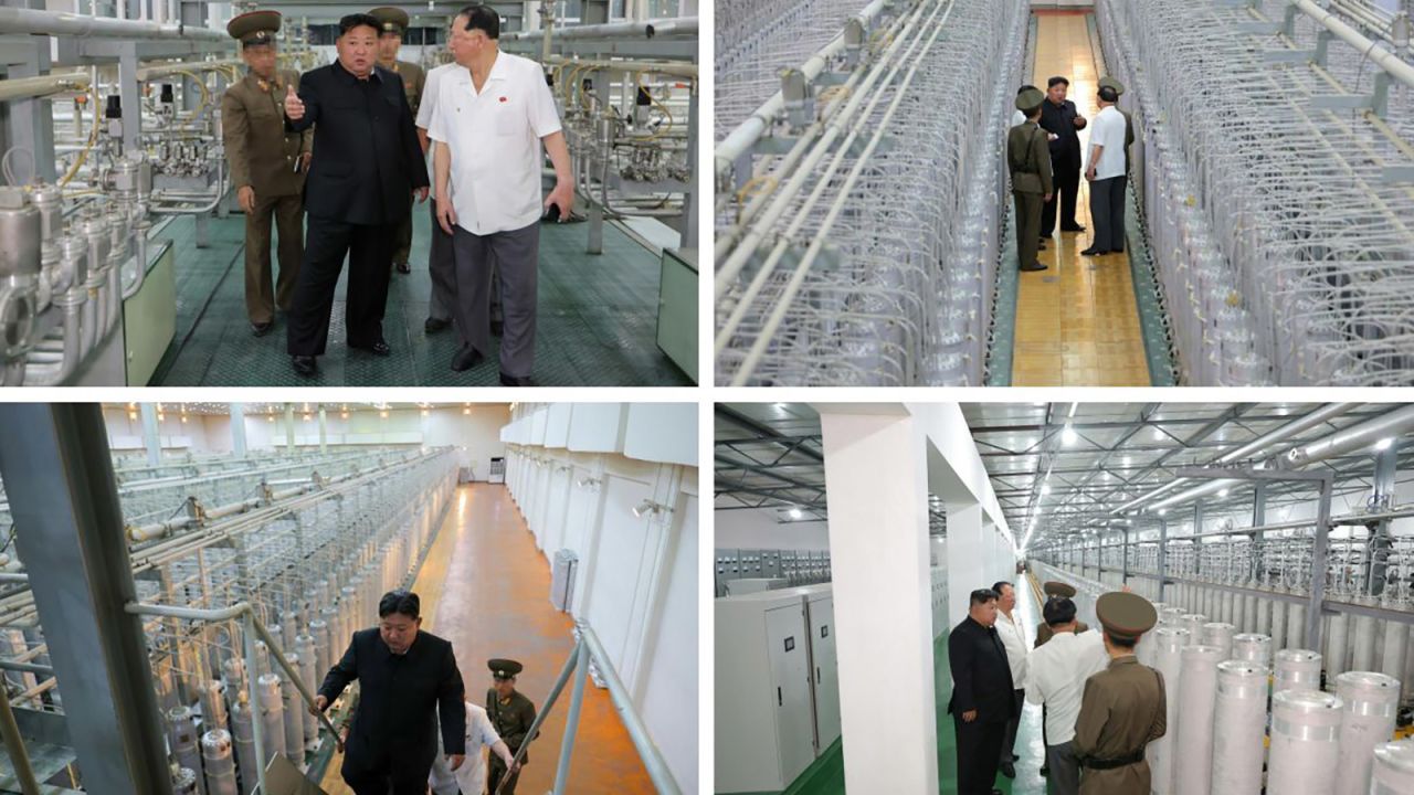 North Korean leader Kim Jong Un visits a uranium enrichment facility, which produces weapon-grade nuclear materials, in a collage of photos published by North Korean state media on Friday, September 13, 2024. No located or date were released for the photos, certain faces in the pictures had been blurred before their release and the images were released as a collage.