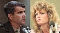 Oliver North, left, and Fawn Hall, both pictured in 1987. 