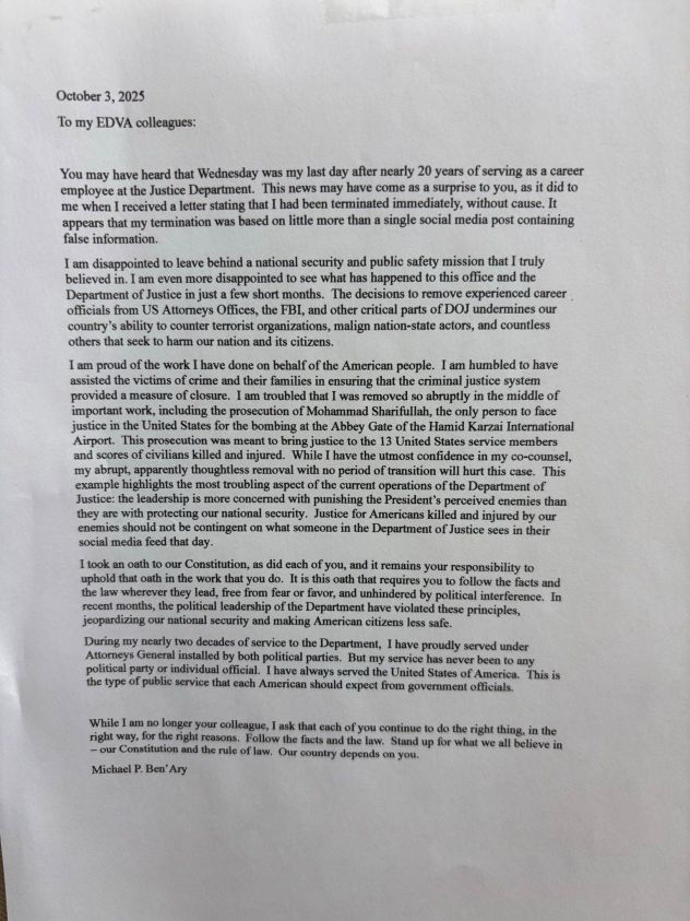 A note left behind by a federal prosecutor in the Eastern District of Virginia who was fired by the Justice Department.