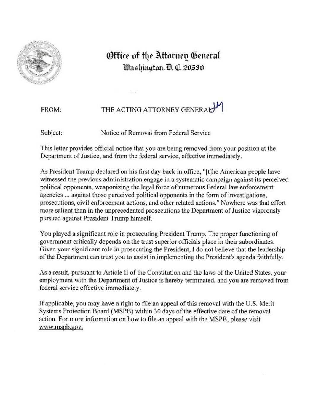 This letter was sent to various US Department of Justice officials being fired.