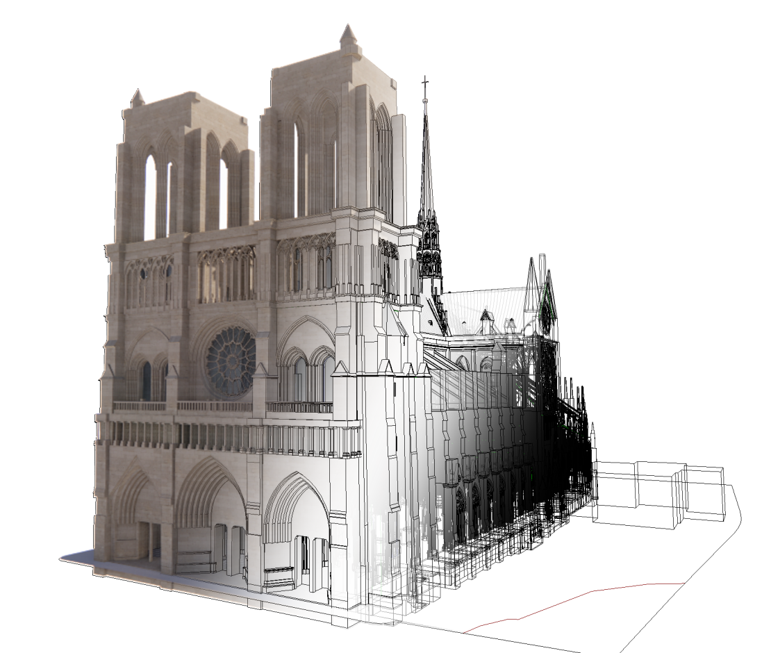 The creation of a 3D model of Notre Dame Cathedral involved lasers and drones that scanned the structure following the 2019 fire. It took over a year to create a 3D model of Notre Dame Cathedral after the fire due to its complexity, structural details and size.