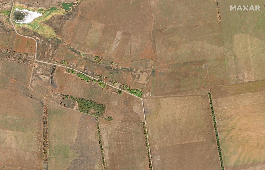 Satellite imagery of Novodarivka, Zaporizhzhia region, taken by Maxar Technologies in October 2024 show fields with similar vegetation, tree lines and craters to those visible in the drone video.