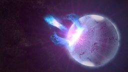 A rupture in the crust of a highly magnetized neutron star, shown here in an artist’s rendering, can trigger high-energy eruptions.