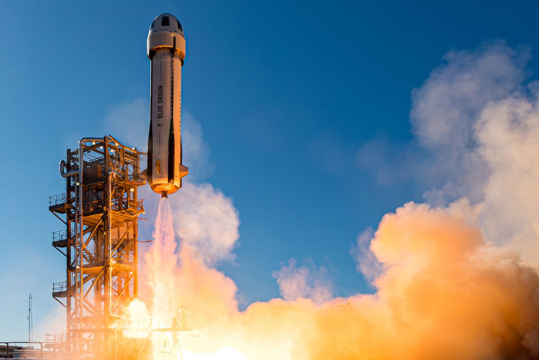 A New Shepard flight is seen lifting off from Launch Site One during NS-27 on October 23, 2024.