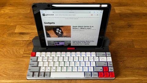 The Epomaker NT 68, displaying with its foldable case/stand supporting an iPad.