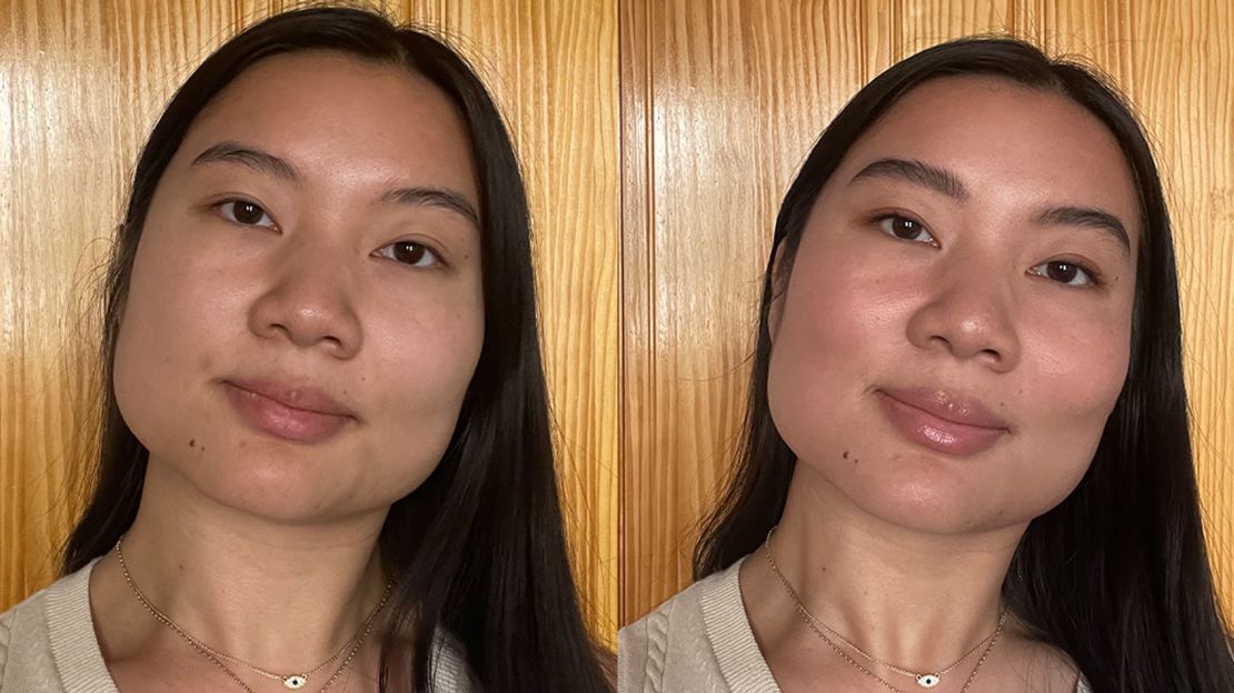 Myself with no makeup (left) and after applying the Nudestix products we tested (right).