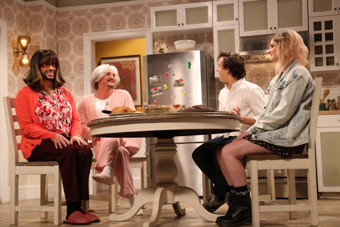 (From left) Bad Bunny, Pedro Pascal, Marcello Hernandez and Chloe Troast in the 'Protective Moms 2' sketch on 'SNL' in October.
