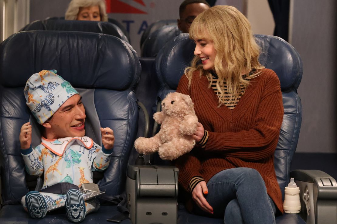 (From left) Adam Driver and Sarah Sherman in the 'Airplane Baby' sketch on 'SNL' in December.