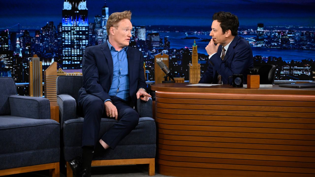 THE TONIGHT SHOW STARRING JIMMY FALLON -- Episode 1958 -- Pictured: (l-r) Comedian Conan O'Brien during an interview with host Jimmy Fallon on Tuesday, April 9, 2024