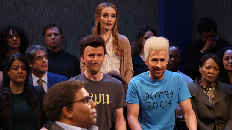 (From left) Kenan Thompson, Mikey Day, Chloe Fineman and host Ryan Gosling in the 'Beavis and Butt-Head' sketch on 'SNL' in April.
