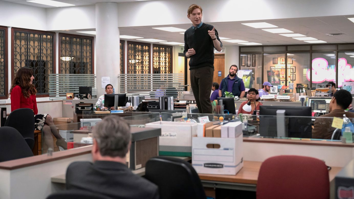 Ned (Domhnall Gleeson) makes an impassioned speech in an episode of NBC's 'Office' spinoff, 'The Paper,' which debuts Thursday on Peacock.
