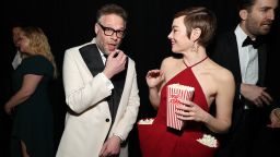 SNL50: THE RED CARPET -- Pictured: (l-r) Seth Rogen and Emma Stone on Sunday, February 16, 2025 -- (Photo by: Kevin Mazur/NBC)