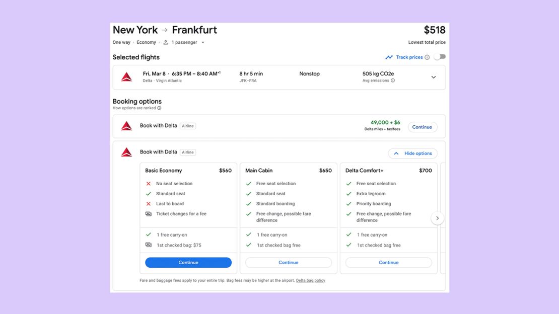 A screenshot of the Google Flights checkout page with the Points Path extension enabled