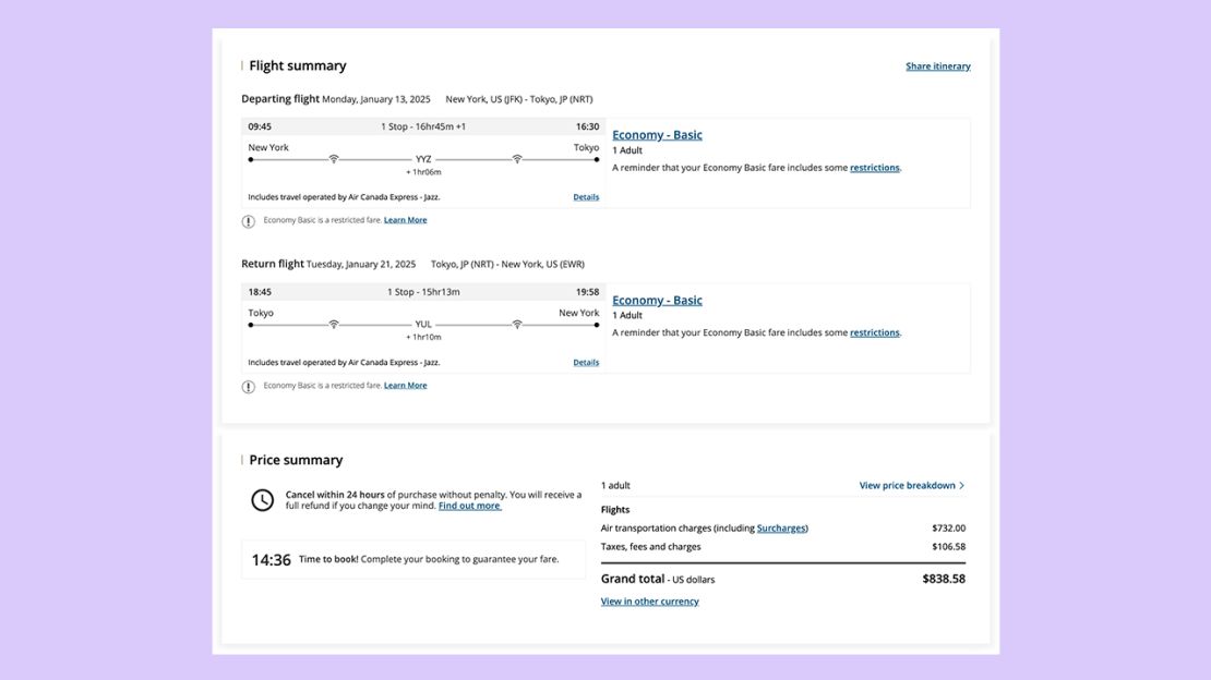 A screenshot of an Air Canada flight itinerary from New York to Tokyo