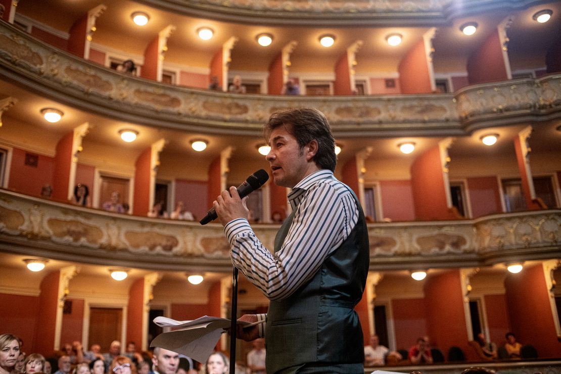 Theater director and actor Yevhen Nyshchuk volunteered in the military in 2022, as did many of his colleagues. He often addresses the audience before performances to thank them for their commitment.