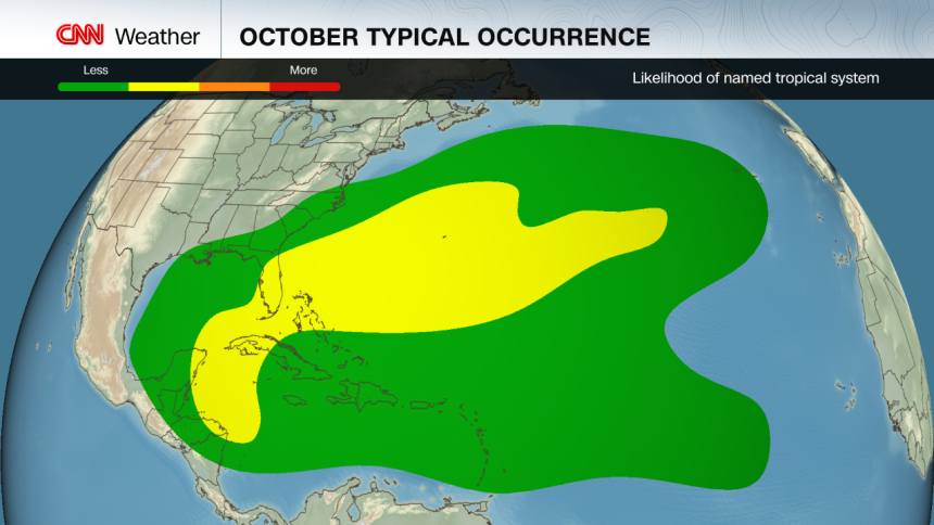 The favored areas of tropical storm formation in October are the Gulf, Caribbean and western Atlantic.
