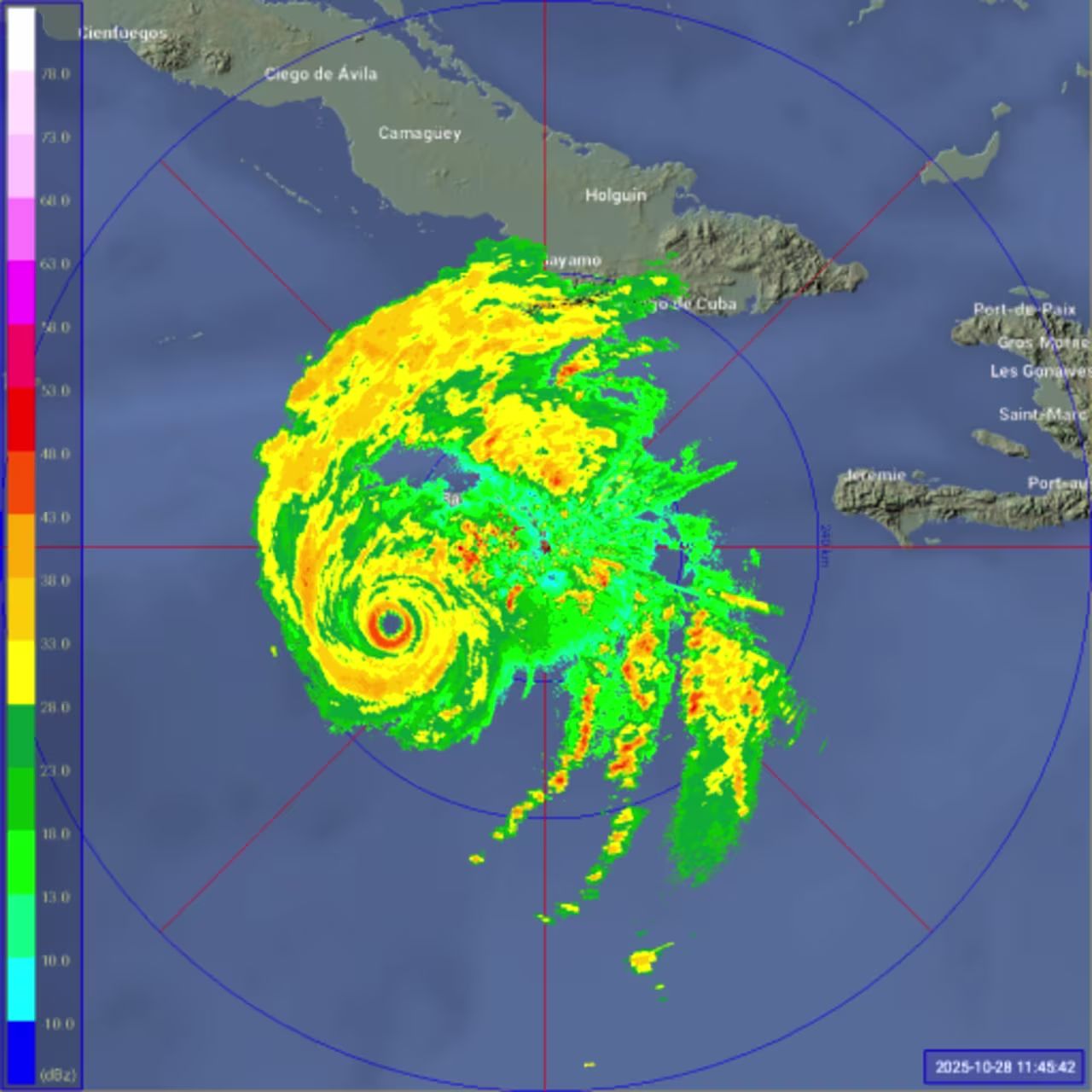 Radar Doppler que muestra el ojo de Melissa mientras se acerca a Jamaica.