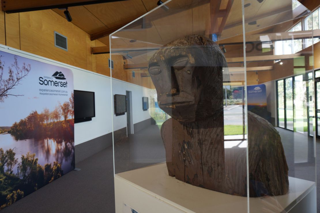 The head of the original wooden Yowie has been preserved in a glass case.