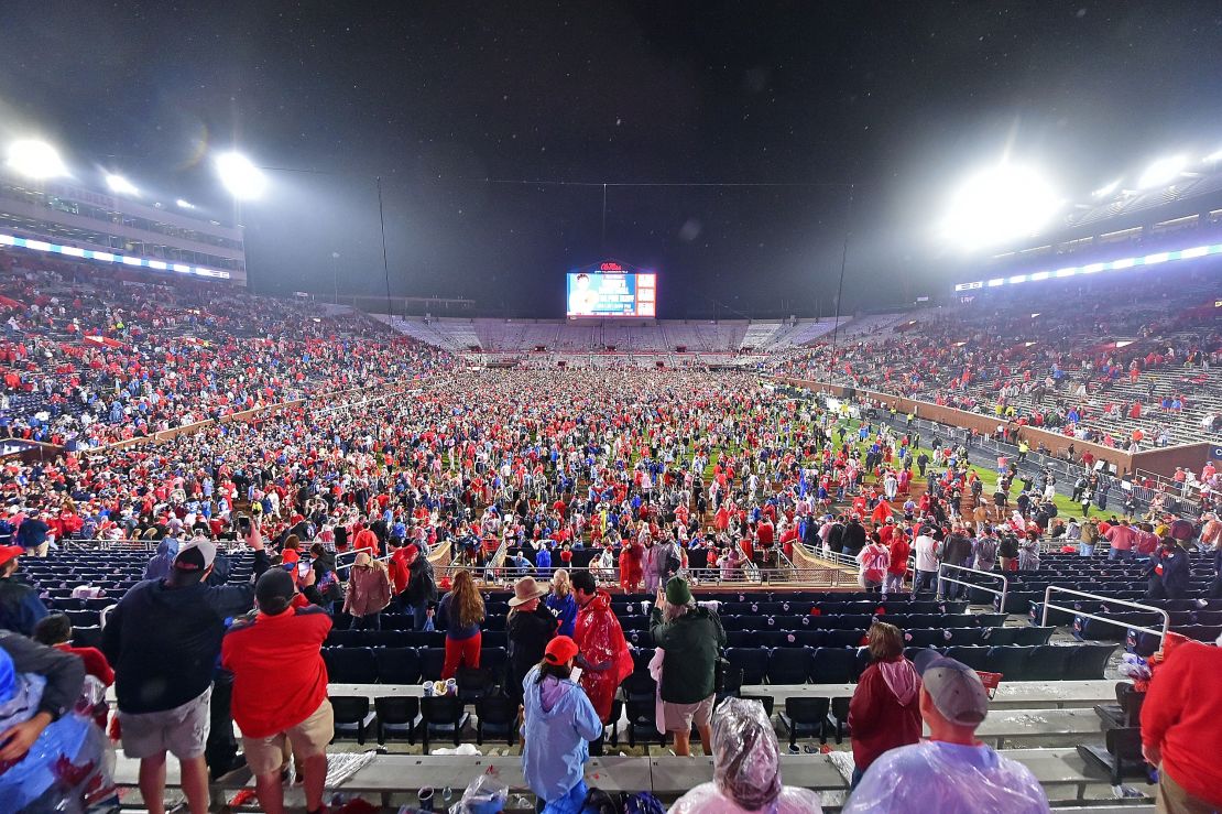 Fans storm the field after Ole Miss' 28-10 victory over the Georgia Bulldogs at Vaught-Hemingway Stadium on November 09, 2024.