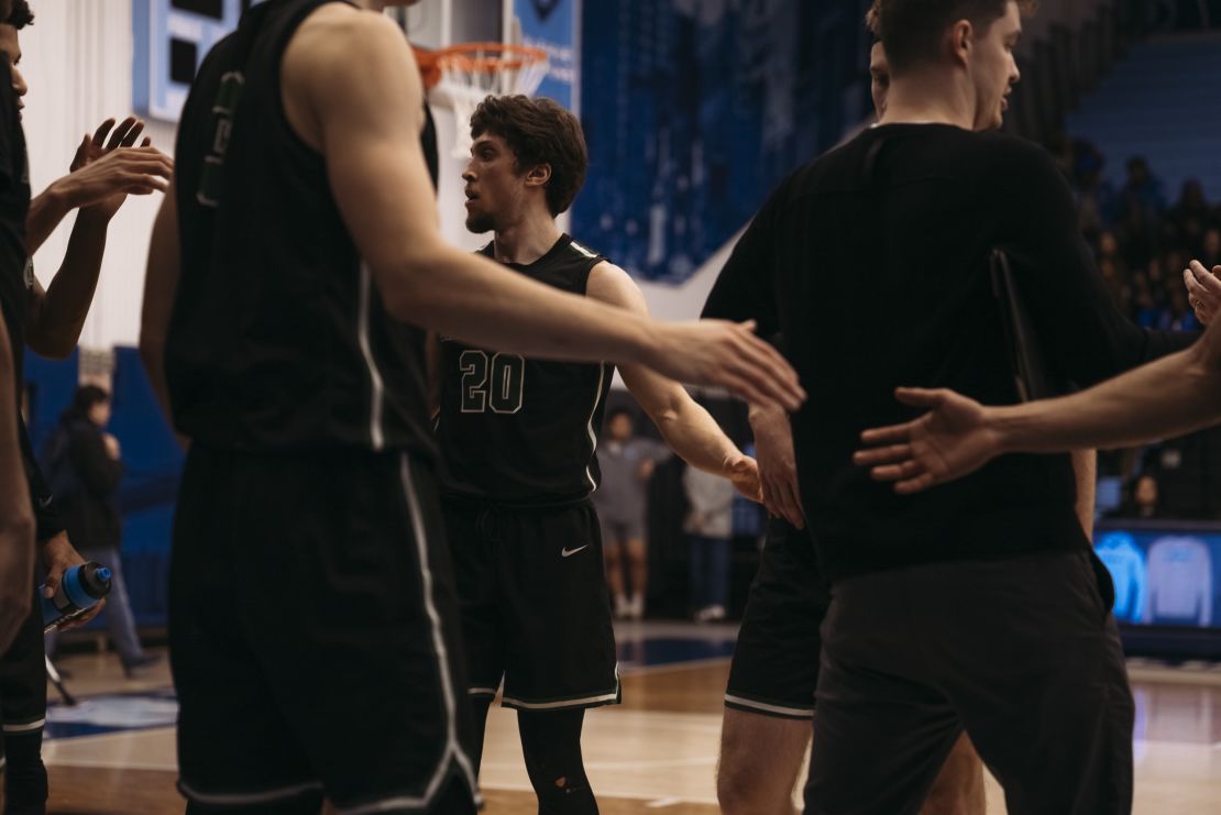 Romeo Myrthil (center) and fellow teammates from Dartmouth men's basketball team during a game on February 16 between Dartmouth and Columbia University in New York City.