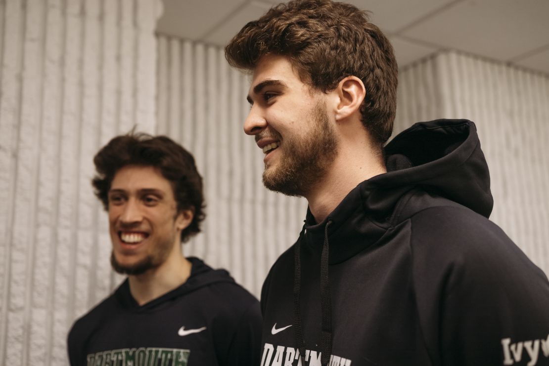 Dartmouth's Romeo Myrthil, left, and Cade Haskins are seen after the game against Columbia University.