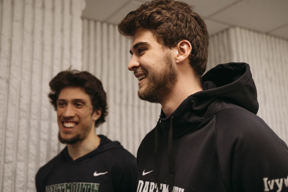 Romeo Myrthil (left) and Cade Haskins from Dartmouth men's basketball team after a game on February 16 between Dartmouth and Columbia University in New York City.