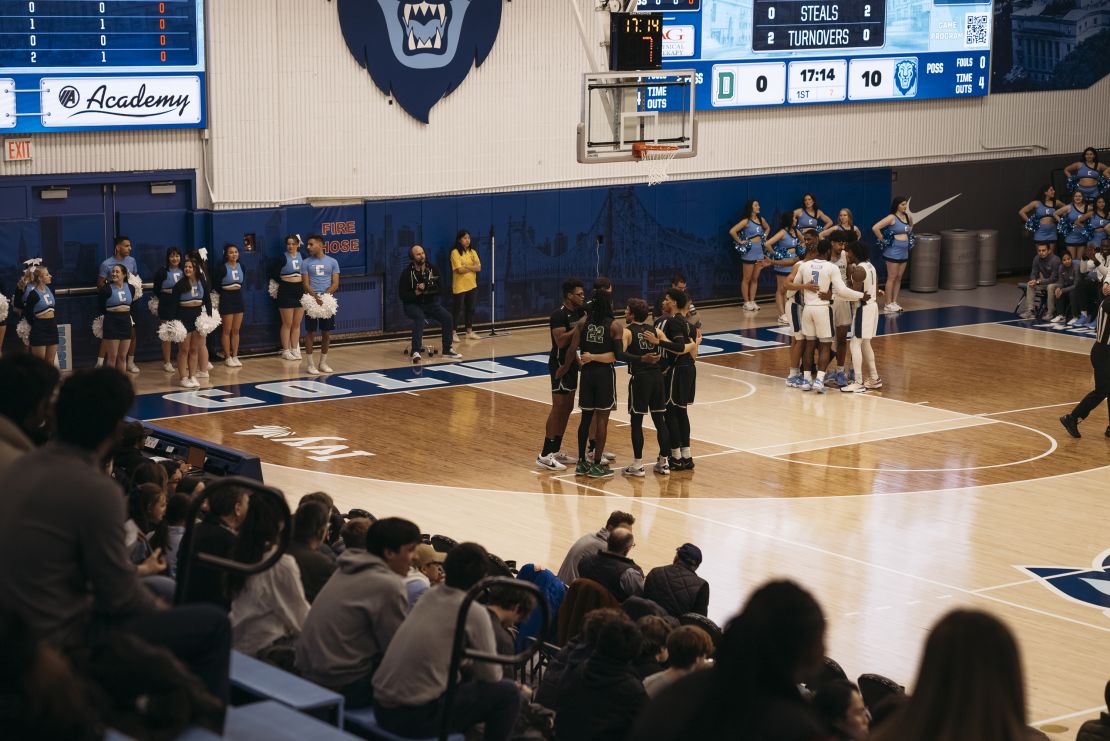 Teams huddle during a basketball game on February 16 between Dartmouth and Columbia University in New York City.