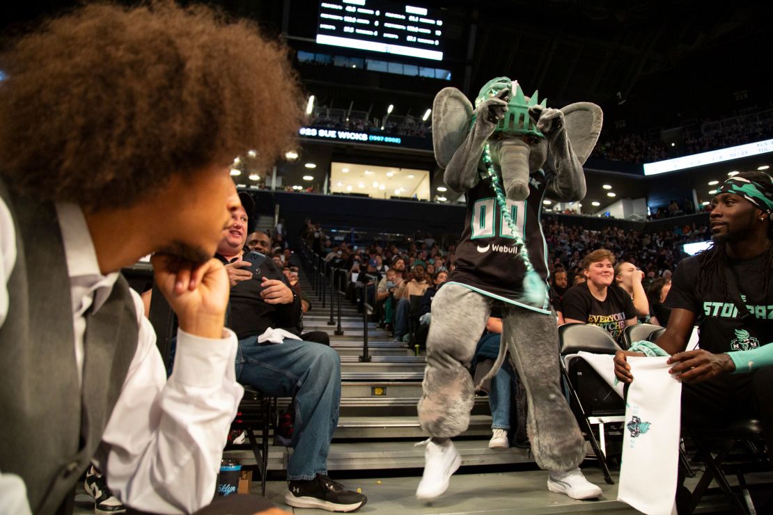 Fans watch as Ellie dances during the game.