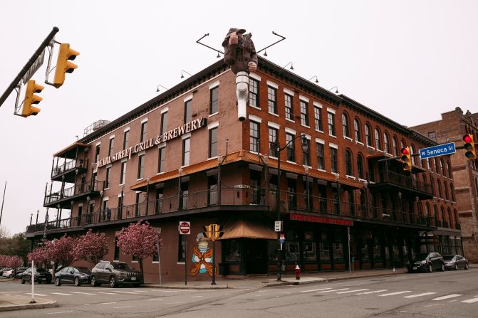 Pearl Street Grill & Brewery, near the edge of Lake Erie, has beautiful wood bars on multiple floors.