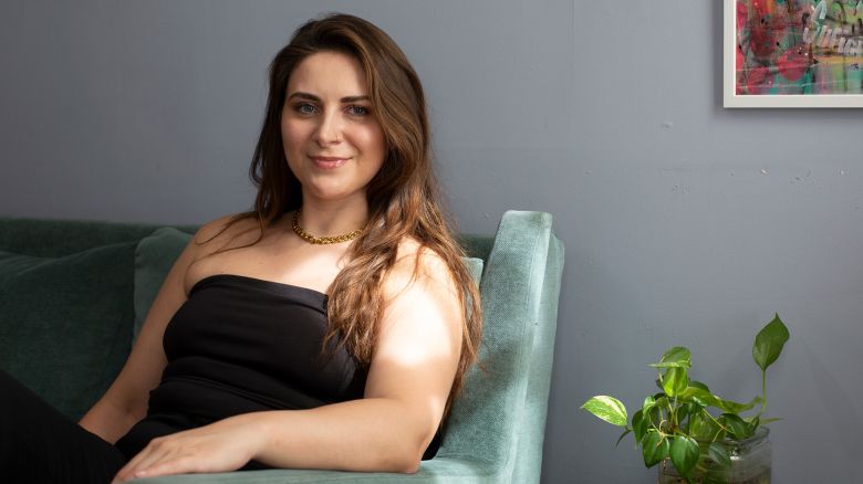Karine Kar poses for a portrait at her apartment in Brooklyn, New York, on September 9, 2025.