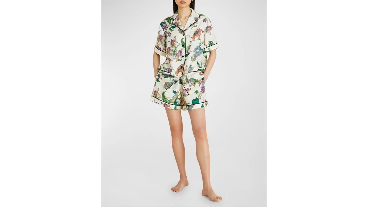 Woman wearing olivia von halle floral print pajama set