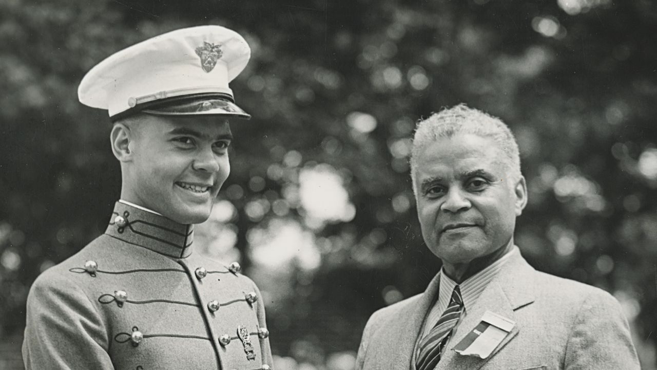 Benjamin O. Davis Jr., left, and his father, Benjamin O. Davis Sr., shake hands on the day of his graduation from the United States Military Academy at West Point in 1936.