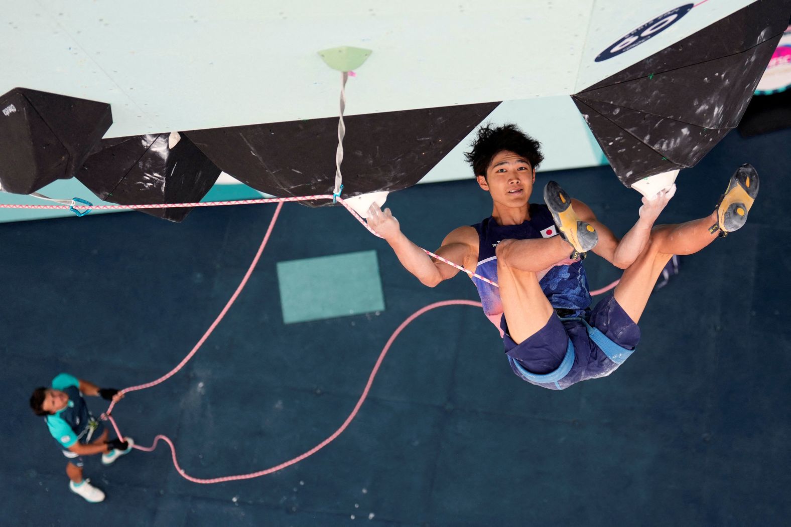 Japanese climber Sorato Anraku competes in the boulder and lead event on August 9. <a >He slipped in the last run of the final</a> and finished with the silver.