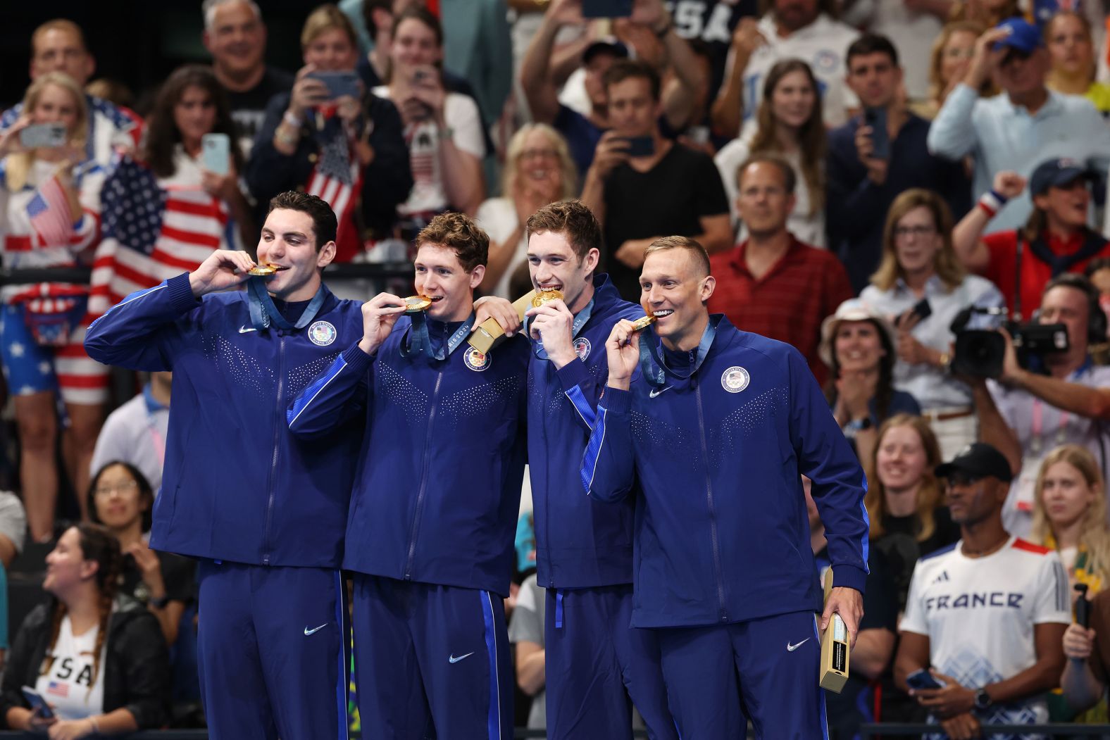 Swimmers Jack Alexy, Chris Guiliano, Hunter Armstrong and Caeleb Dressel celebrate on July 27 after winning the men's 4x100-meter freestyle relay and claiming <a >the United States' first gold medal of the Paris Olympics</a>. The result also continued Dressel’s streak of winning gold in every Olympic race in which he’s competed. He won five gold medals in Tokyo.