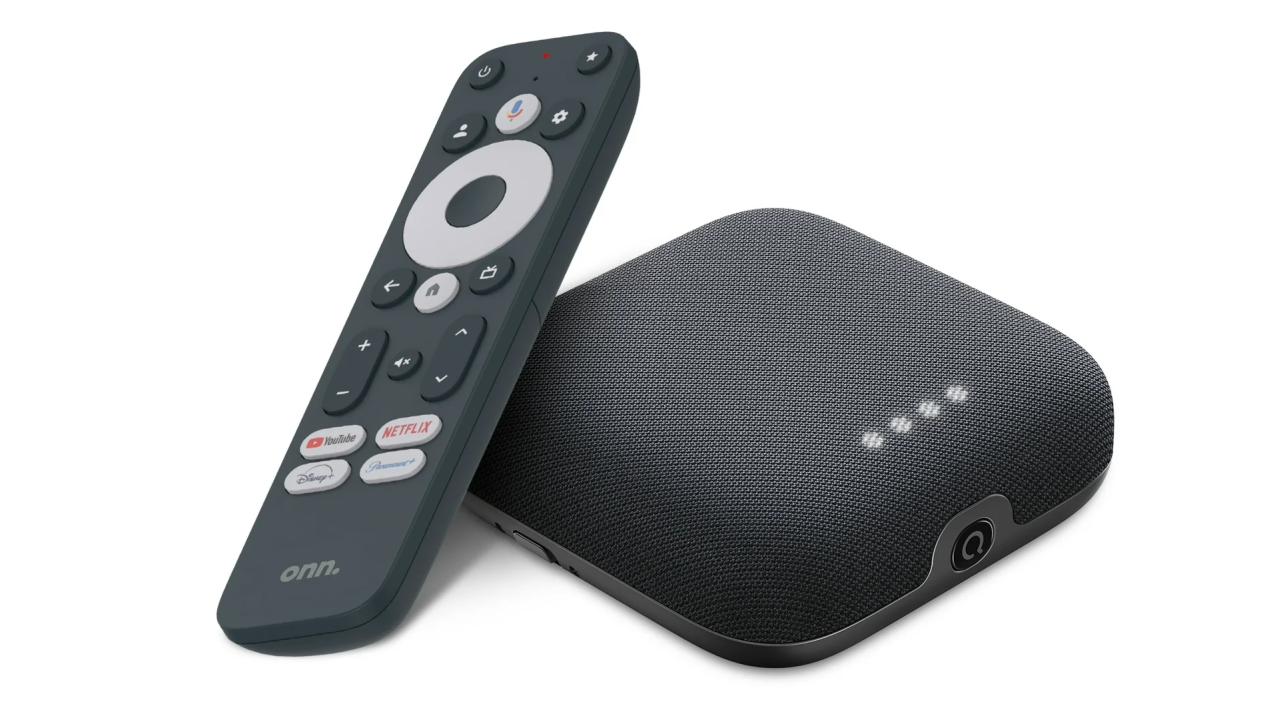 The Onn Google TV 4K Pro streaming device with remote