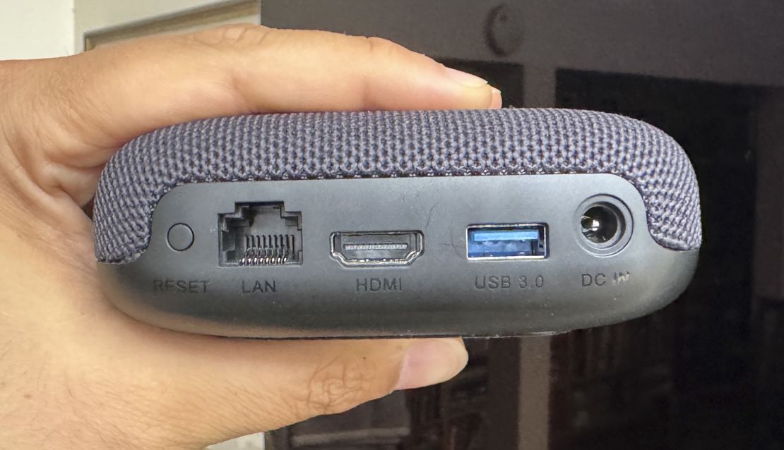 The ports on the back of the Onn 4K Pro include an (L to R) Ethernet jack, HDMI, USB and power.