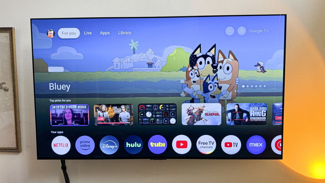 An ad for Bluey takes over the top half of a tv connected to the Onn 4K Pro